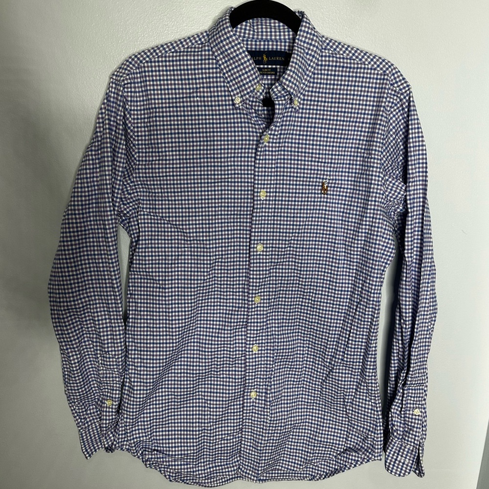 Polo Ralph Lauren Gingham Purple White Button Oxford Slim Fit Men's Size Medium